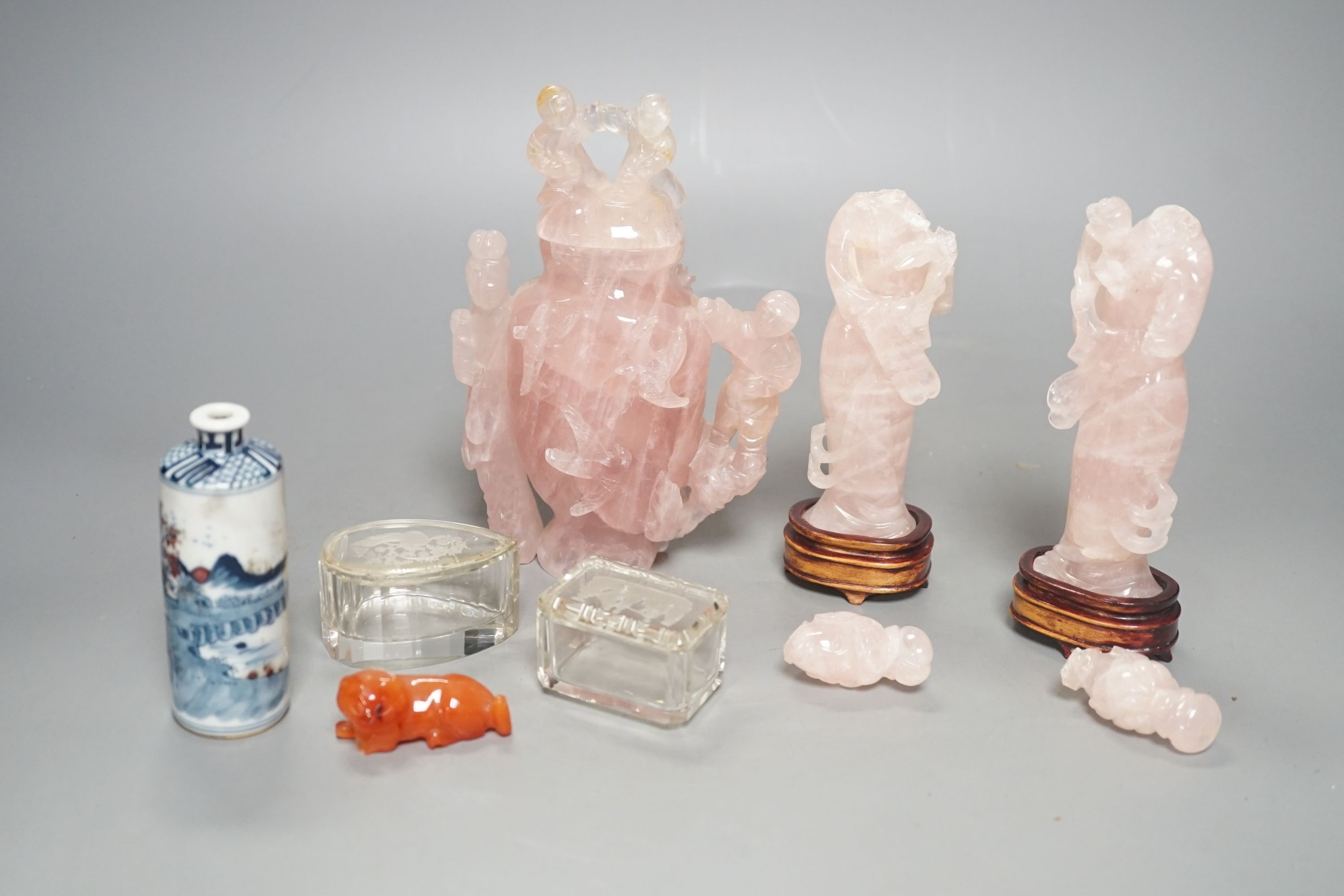 Various rose quartz figures and a cylindrical snuff bottle, hard stone cat and two glass pots, rose quartz vase and cover 17 cms high.